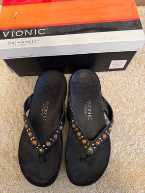Vionic Black Thong Sandals with Gold Stud Accents